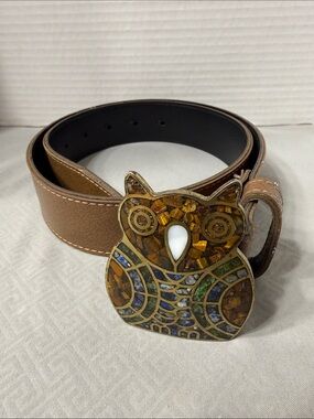 Vintage Y2K Size S/M Brown Belt with Mosaic Owl Metal Buckle Made in USA